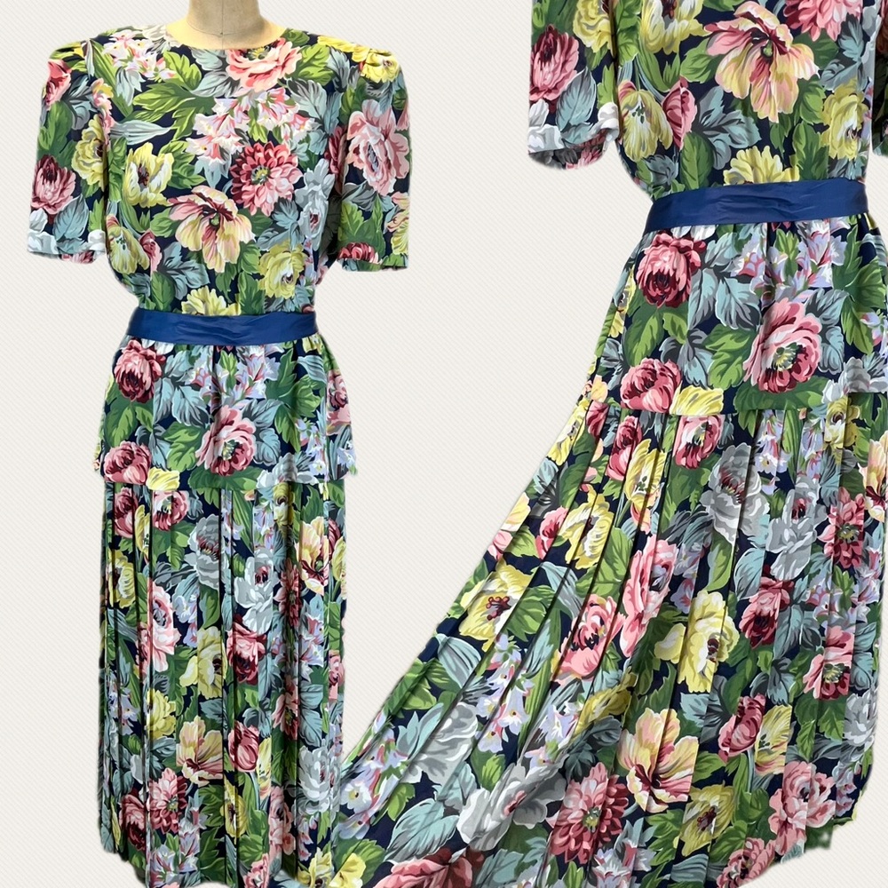 VINTAGE flower garden party dress pleated skirt peplum waist short sleeve maxi